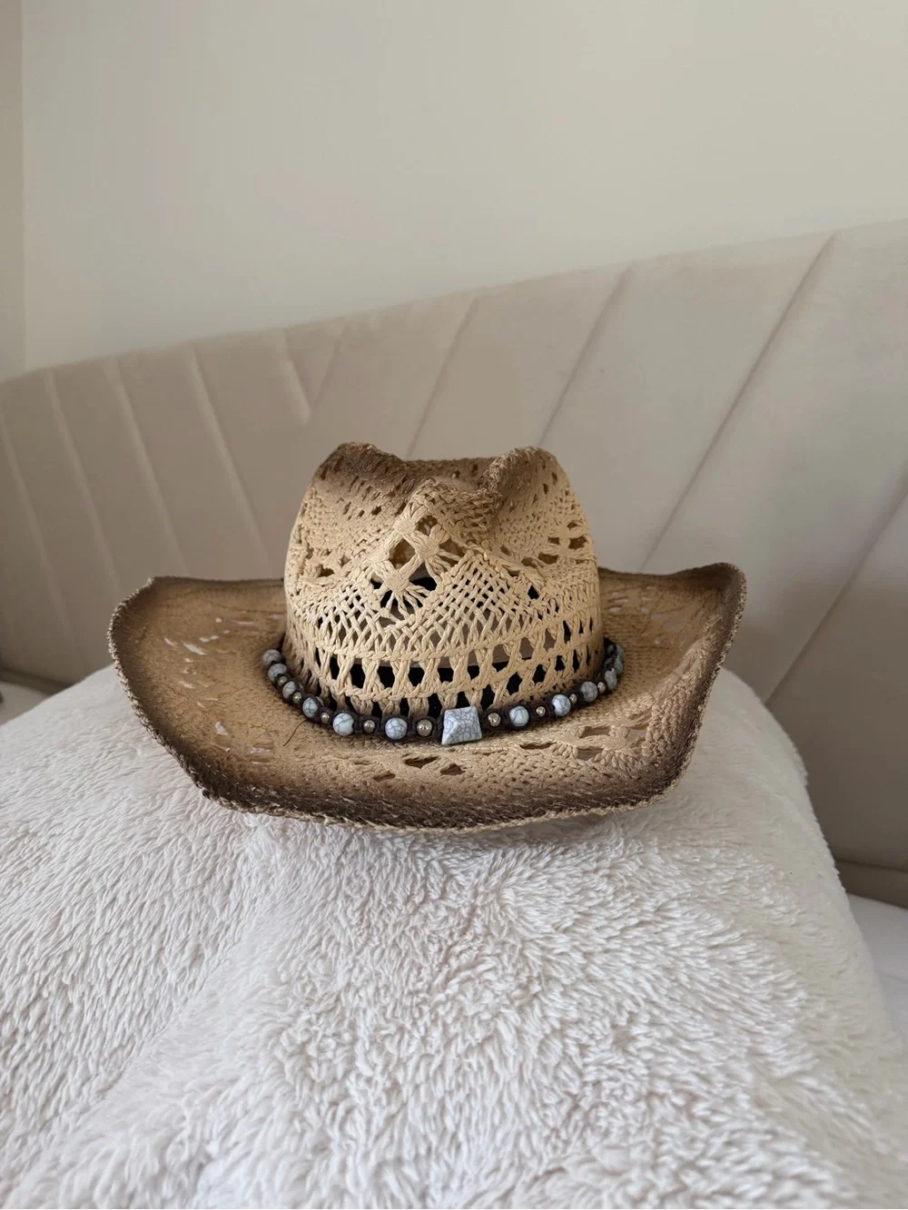 Woven Straw Cowboy Hat with Beaded Band - Tan